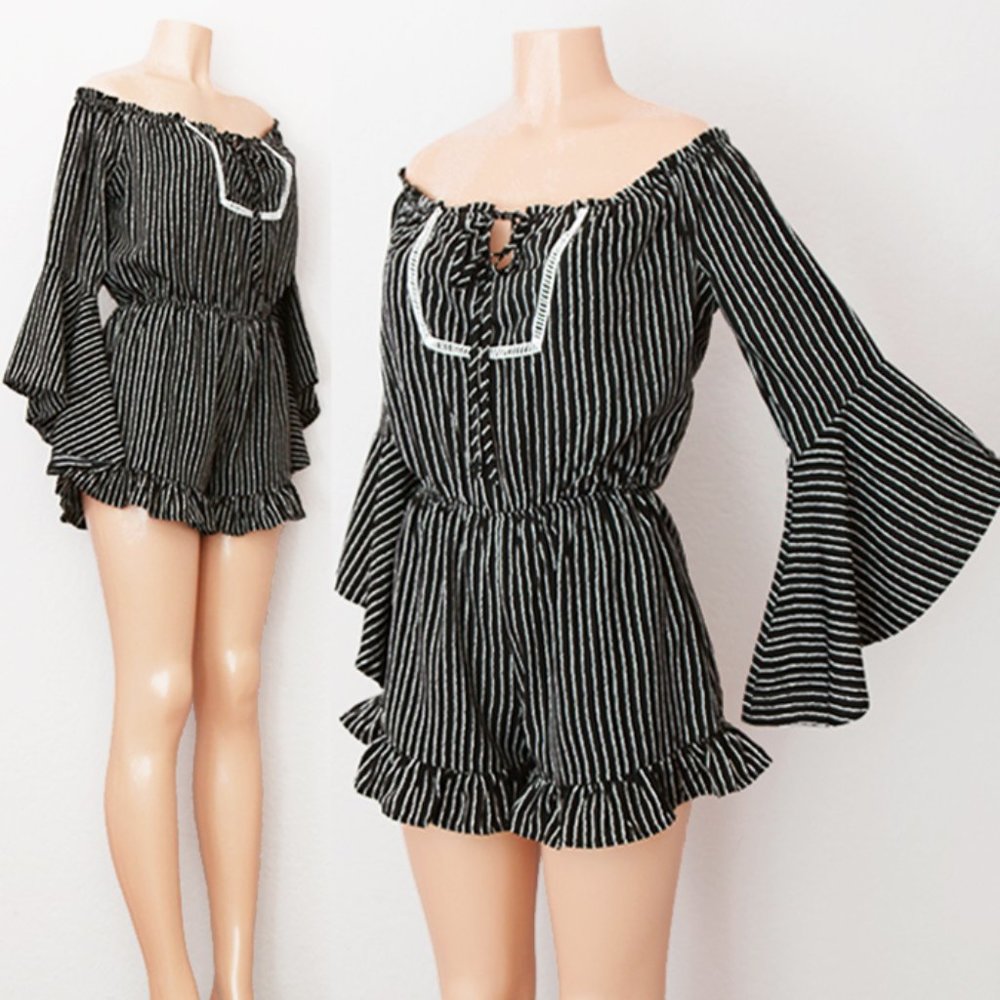 Black Stripe Off Shoulder Bell Sleeves Boho Romper - Picture 1 of 9